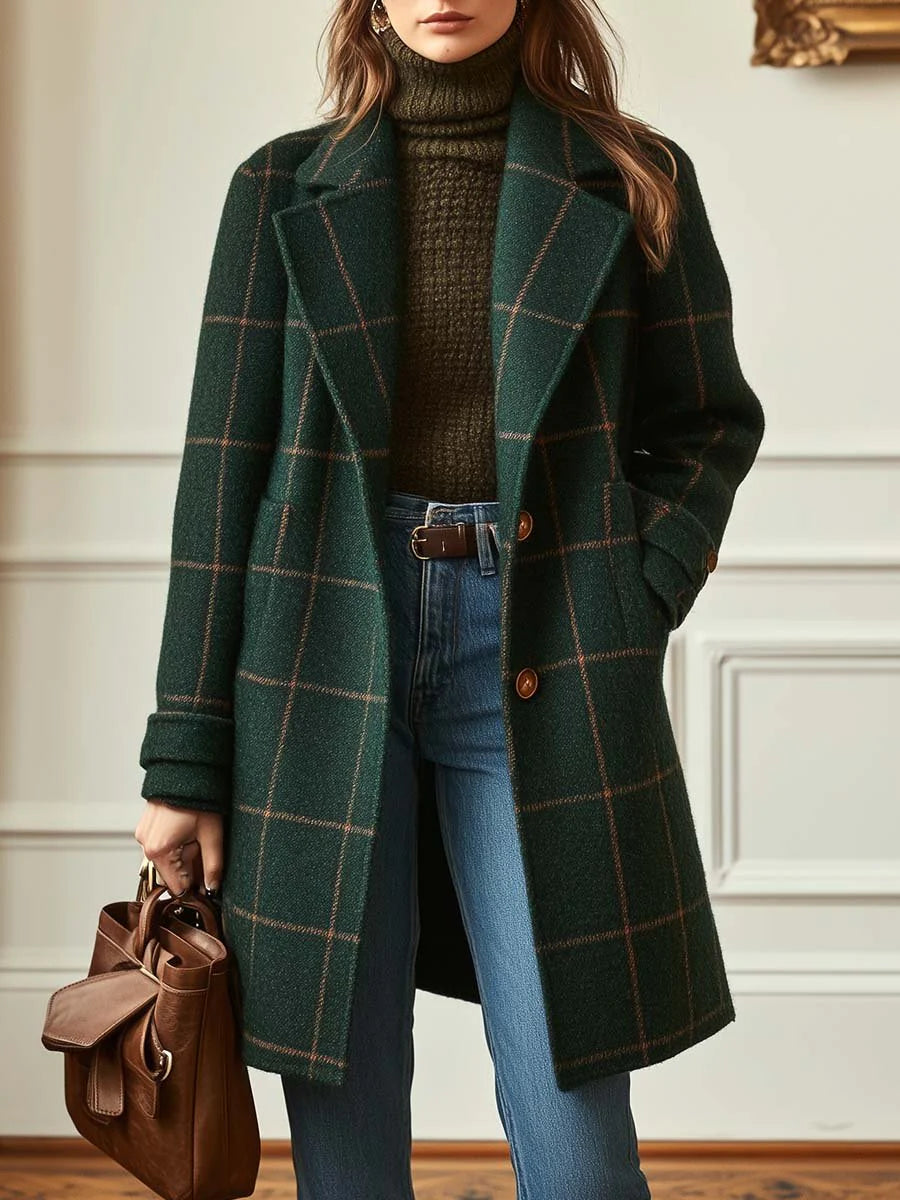 Élodie - Manteau Vert à Carreaux Rétro en Tweed